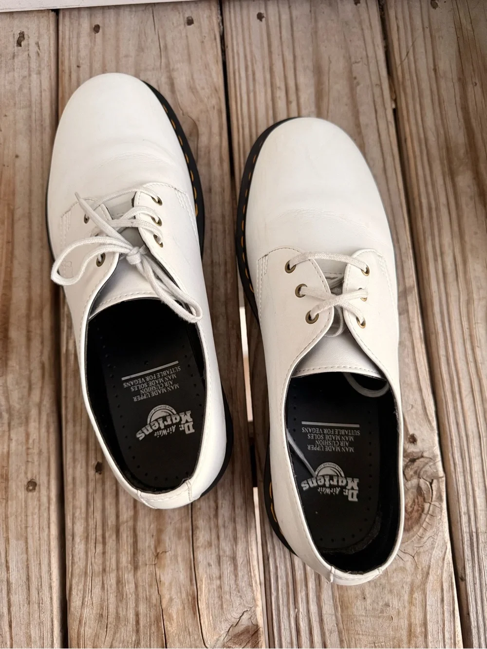 Dr. Martens White Leather 3-Eye Derby with Yellow Welt Stitching